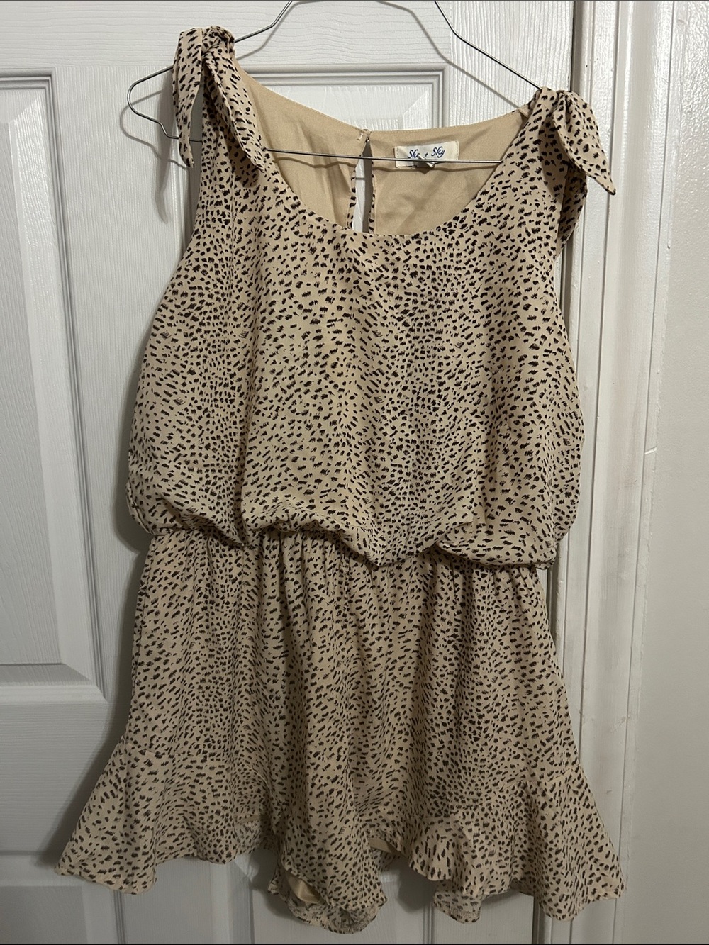 Beige Polka Dot Tie-Shoulder Flowy Romper